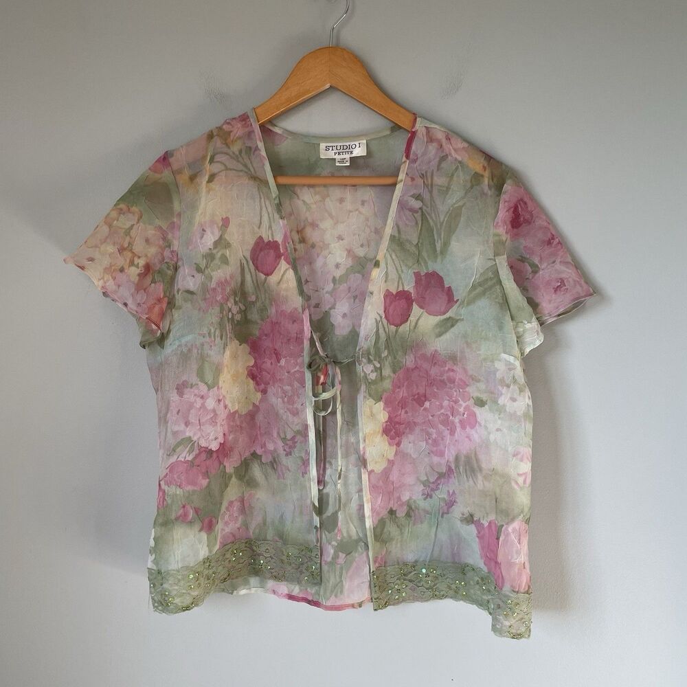 Studio 1 Petite Vintage Blouse Top Front Tie Sheer Floral Print Women's Size 12P
